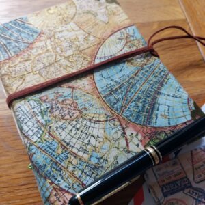 Travel Journal, hard covers with vintage map image fabric, envelope pockets & journal extras