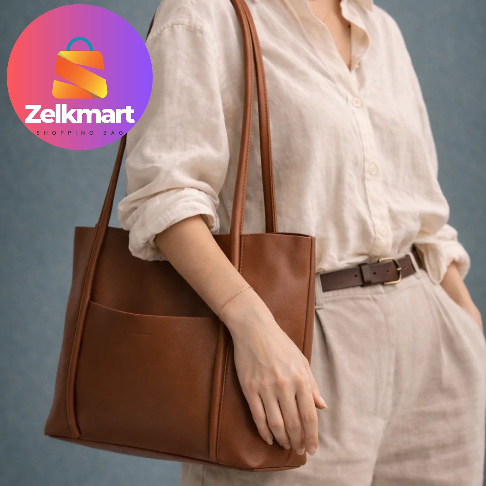 Zelkmart Tan Minimalist Structured Tote Bag β Adult Female, Faux Leather, Oversized & Stylish (USA) - Image 5