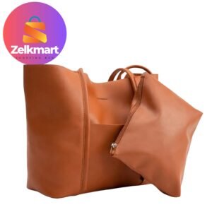 Zelkmart Tan Minimalist Structured Tote Bag – Adult Female, Faux Leather, Oversized & Stylish (USA)