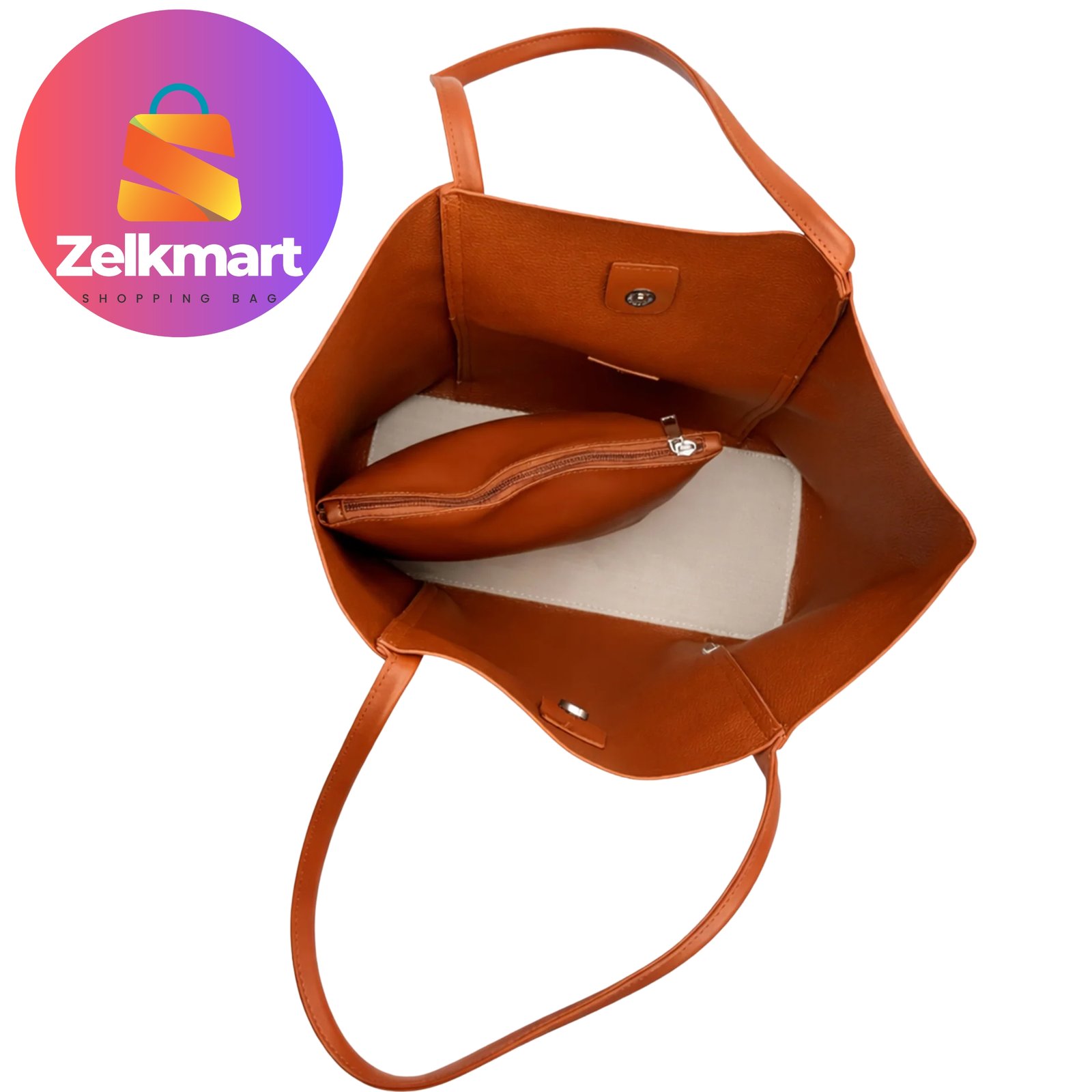 Zelkmart Tan Minimalist Structured Tote Bag β Adult Female, Faux Leather, Oversized & Stylish (USA) - Image 3